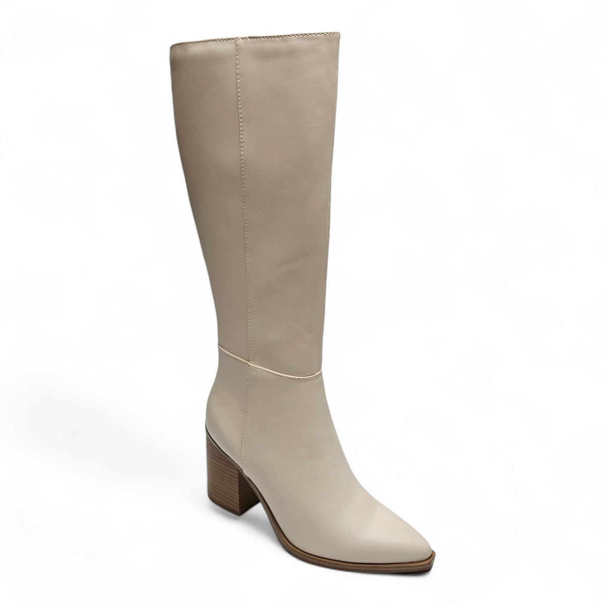 Knee-high beige leather boot with chunky heel, Vapor Block Heel, height measures approximately