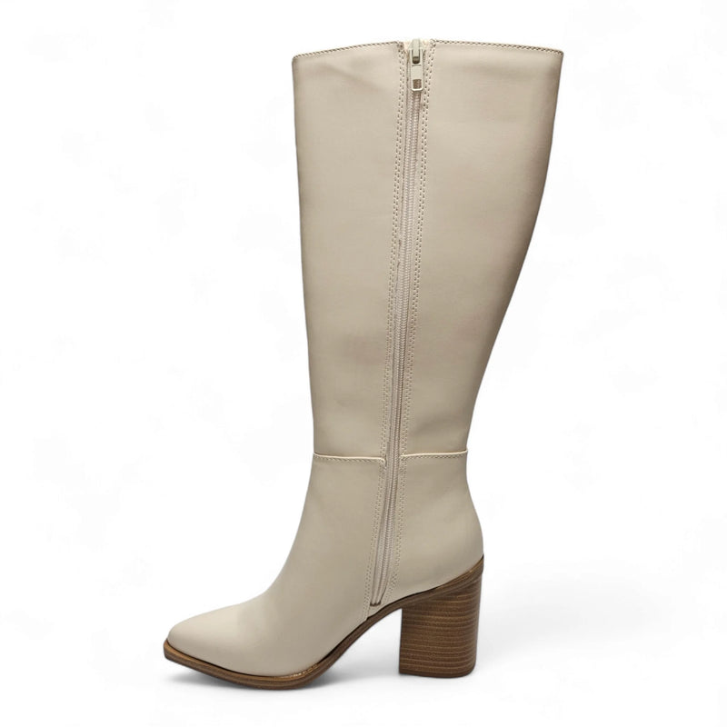 Knee-high cream leather boot with chunky wooden heel from Vapor Block Heel collection