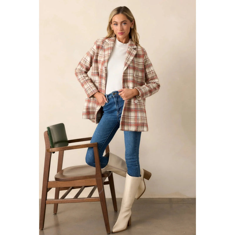 Plaid shacket with white turtleneck and jeans paired with Vapor Block Heel Knee High Boots