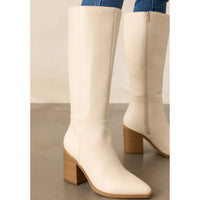 White Vapor Block Heel Knee High Boots with wooden block heels and side zippers