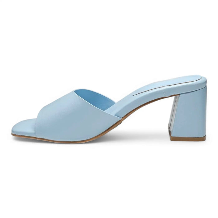 Light blue heeled mule featuring the Vera Single Band Block Heel design