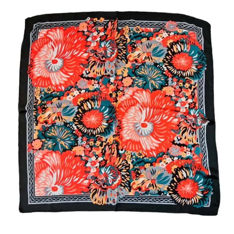 Colorful floral print silk scarf with black border from Vibrant Floral Print collection