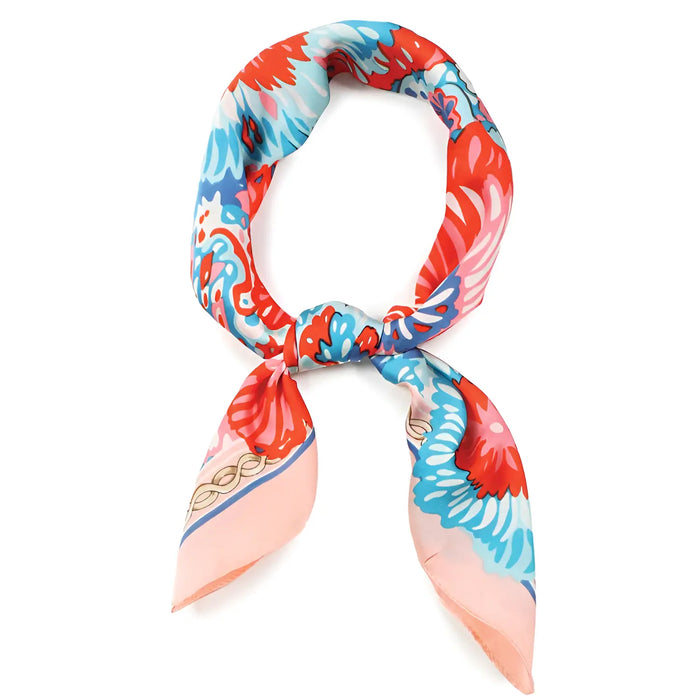 Colorful floral print silk scarf tied in a loop showcasing vibrant floral design