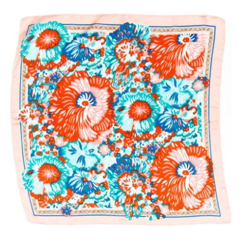 Colorful vibrant floral print silk scarf with orange and blue blooms