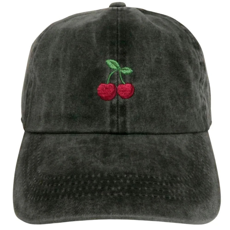 Vintage Cherry Embroidered Baseball Cap - Black - BASEBALL CAPS
