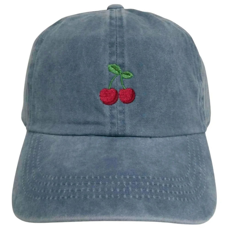 Vintage Cherry Embroidered Baseball Cap - Denim Blue - BASEBALL CAPS