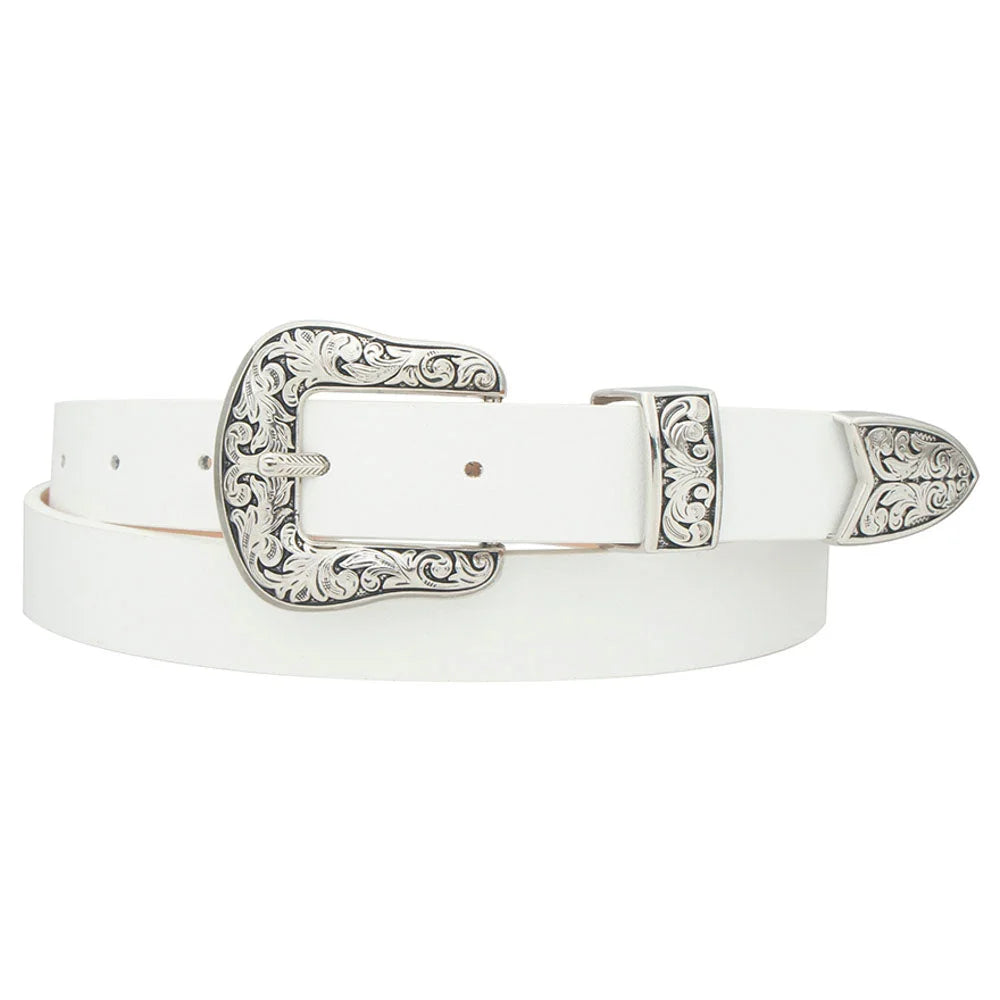 Vintage Swirl Embossed Western Buckle Belt - White - Belt