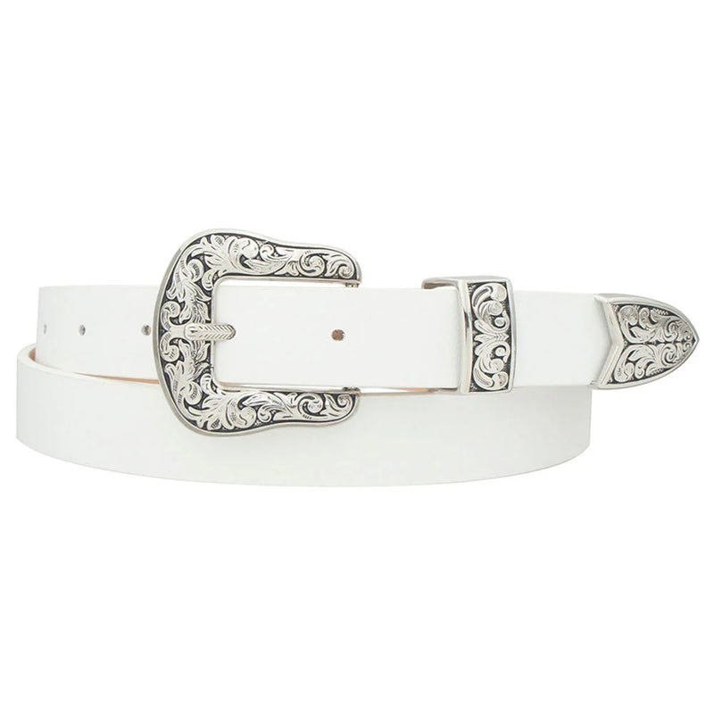 Vintage Swirl Embossed Western Buckle Belt - White - Belt