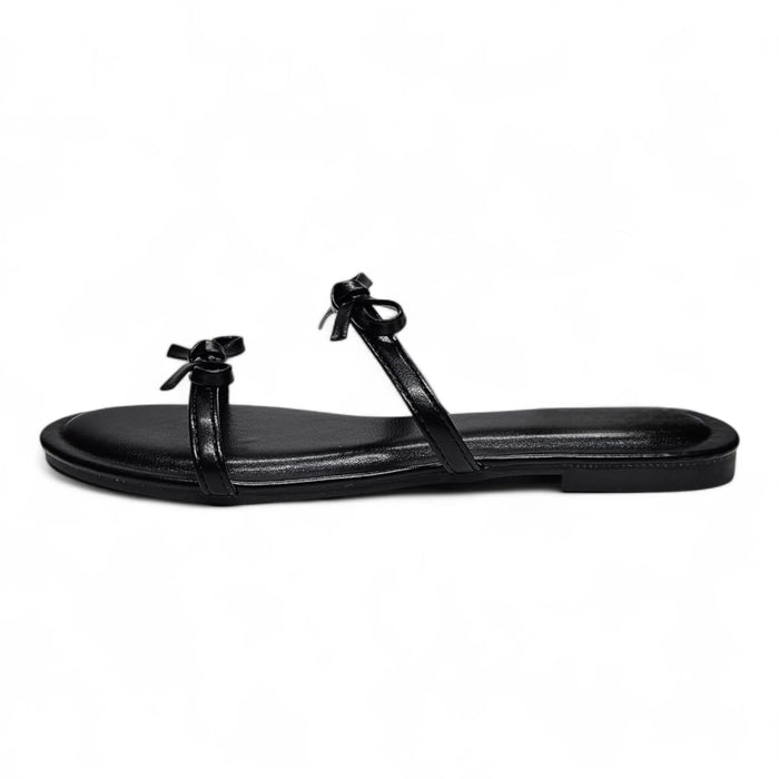 Wallet Double Bow Strap Slide Sandal - Black