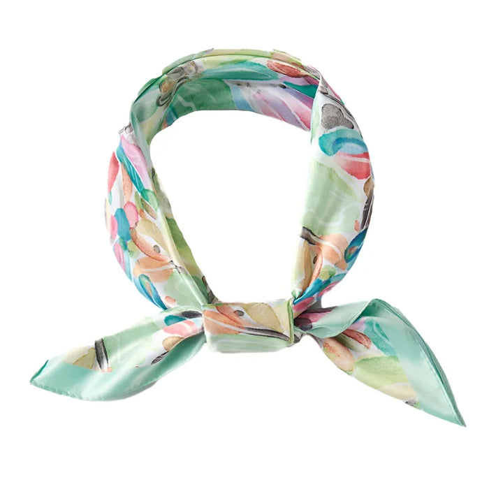 Water Color Flower Print Square Bandana Scarf - Green