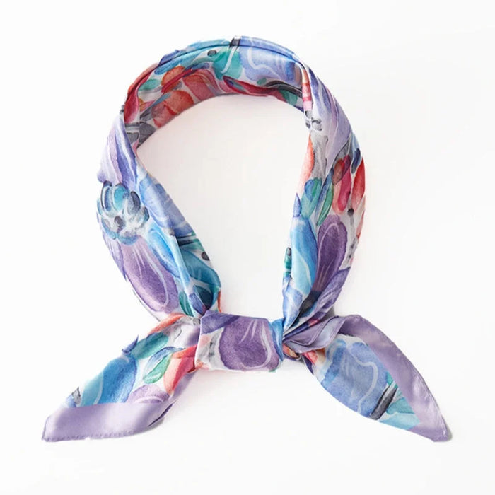 Water Color Flower Print Square Bandana Scarf - Purple