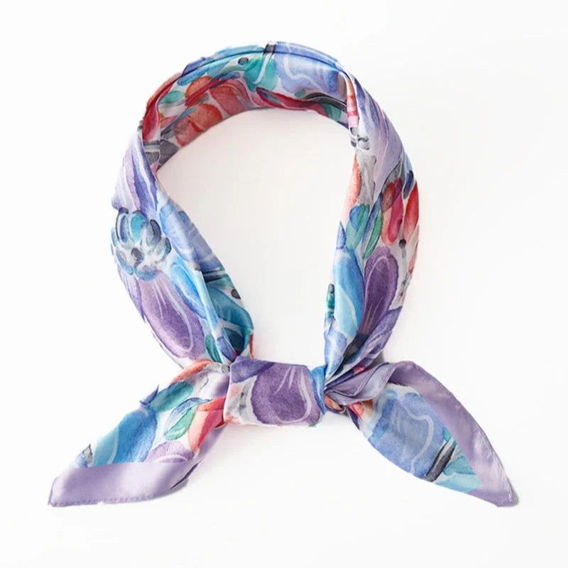 Water Color Flower Print Square Bandana Scarf - Purple - SCARVES