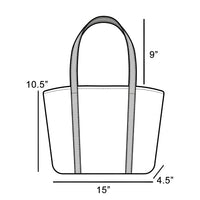 Weathered Faux Leather Tote Bag with height, width, and depth measurements displayed