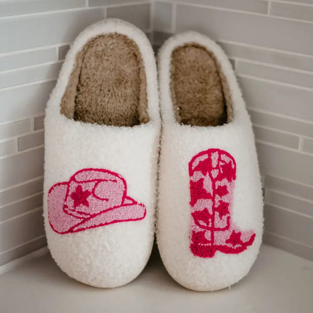 White slippers with pink cowboy hat and boot designs, Western Cowboy Boots & Hat Slipper