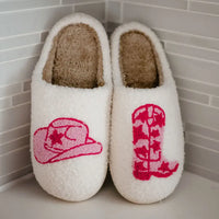 White slippers with pink cowboy hat and boot designs, Western Cowboy Boots & Hat Slipper