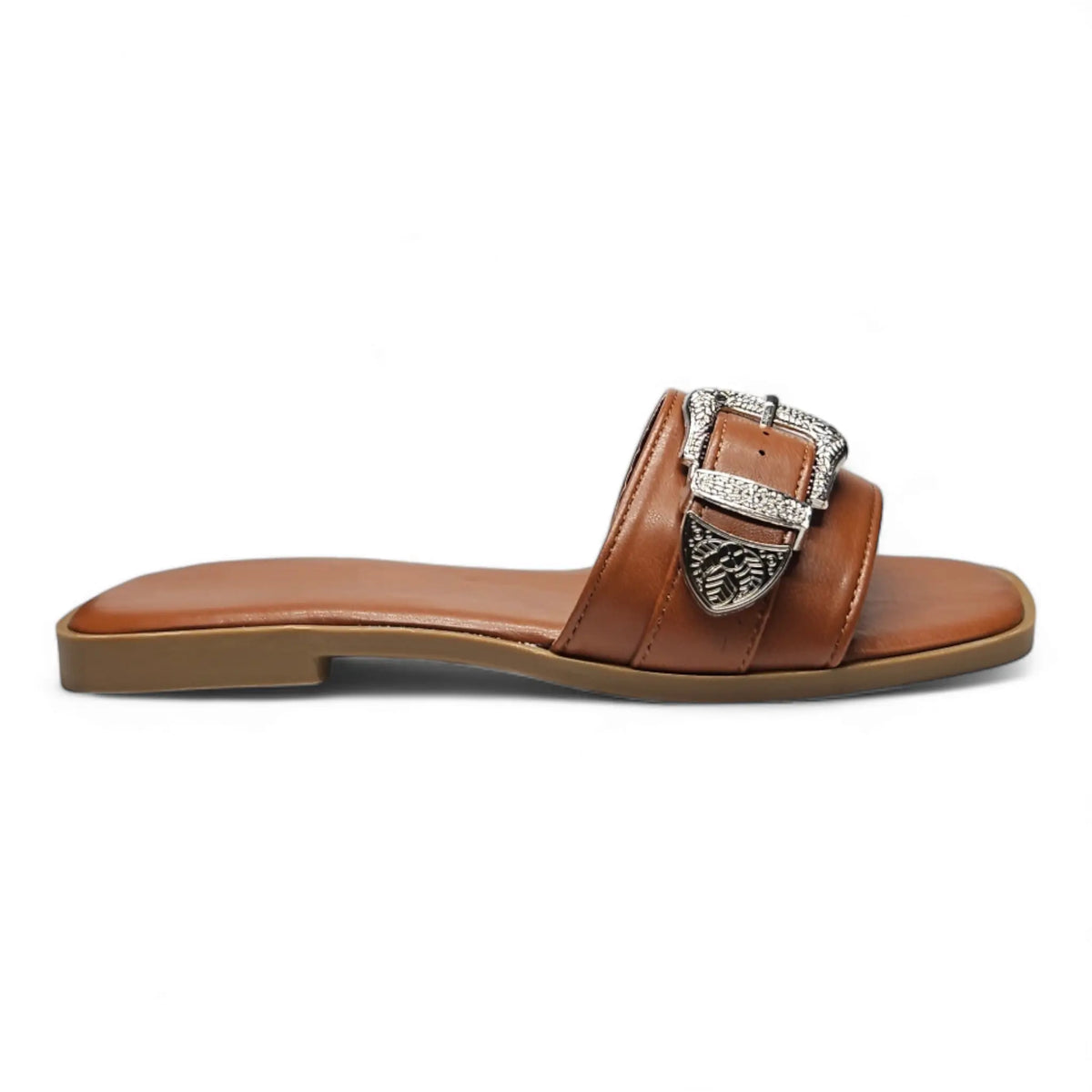 Brown leather Western Buckle Slide sandal featuring a decorative silver buckle