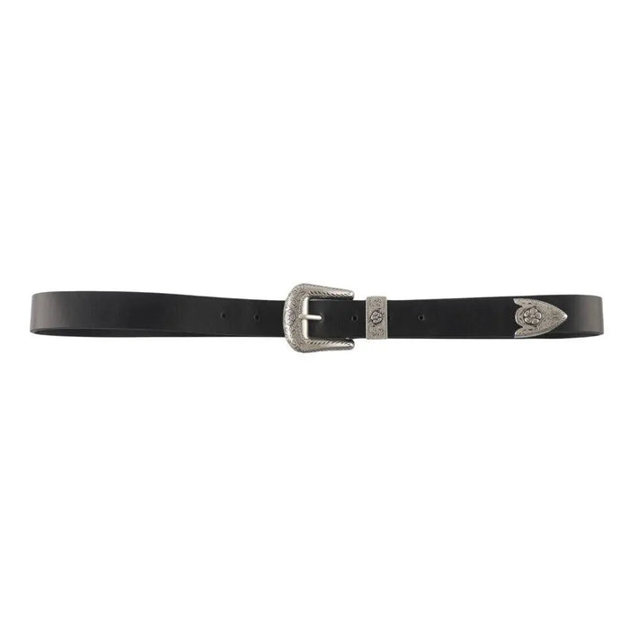 Black leather Western Style Skinny Belt with silver buckle and decorative accents