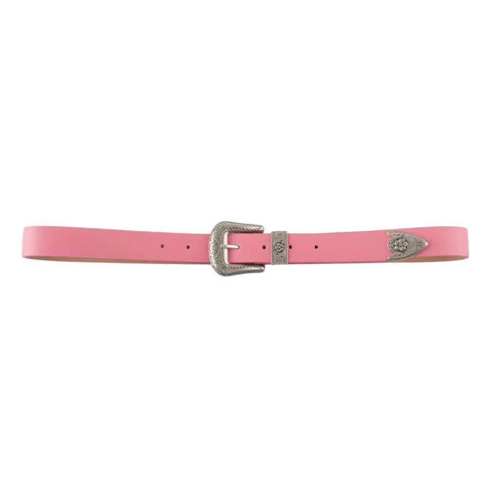 Pink leather Western Style Skinny Belt with silver buckle and decorative metal accents