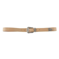 Tan leather western style skinny belt with silver buckle and decorative conchos