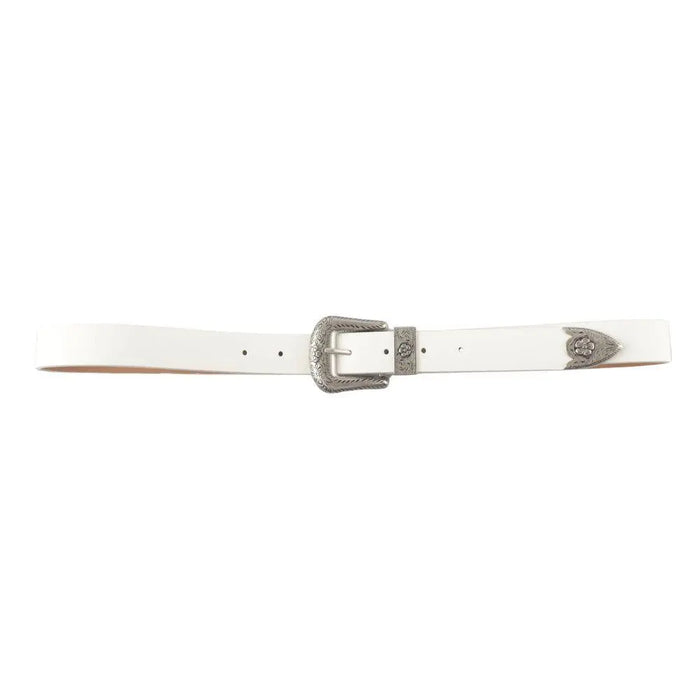 White leather Western Style Skinny Belt featuring a chic silver buckle