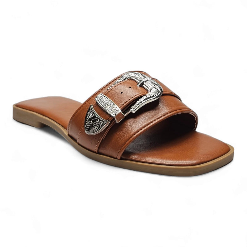 Brown leather slide sandal with silver buckle, perfect for stylish Western buckle slides