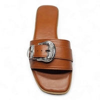 Brown leather Western Buckle Slide sandal with decorative silver buckle detail