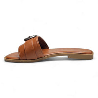 Brown leather Western Buckle Slide sandal featuring stylish buckle detail