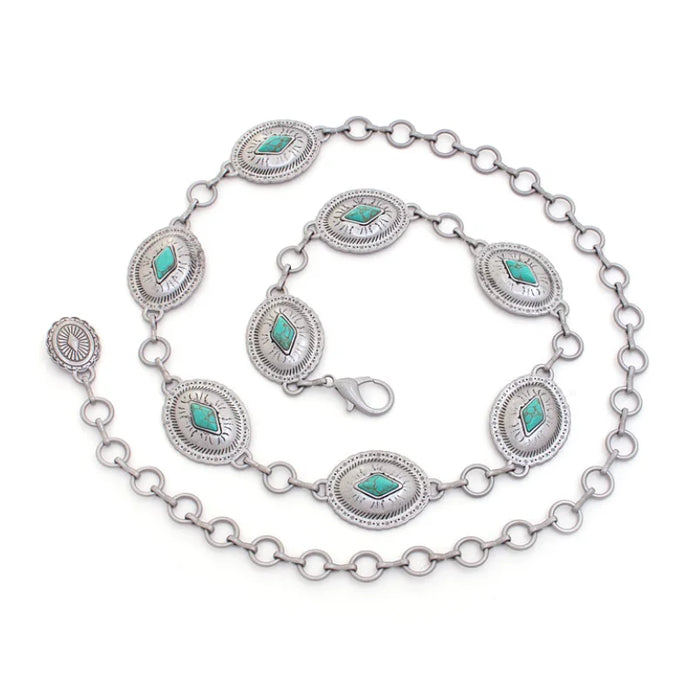 Silver necklace with oval turquoise gemstones, perfect for a Western chain belt