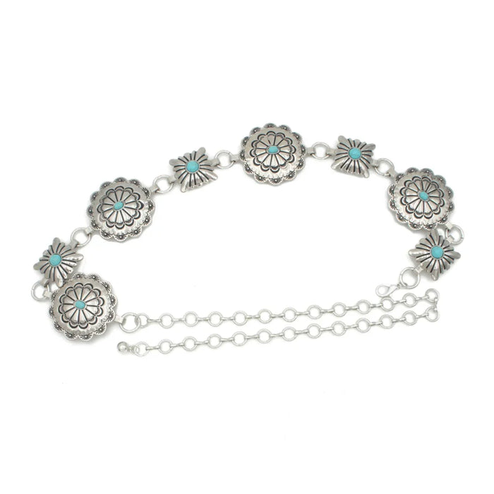 Silver Western Circle Square Stone Accent Concho Belt with Turquoise and Chain Links