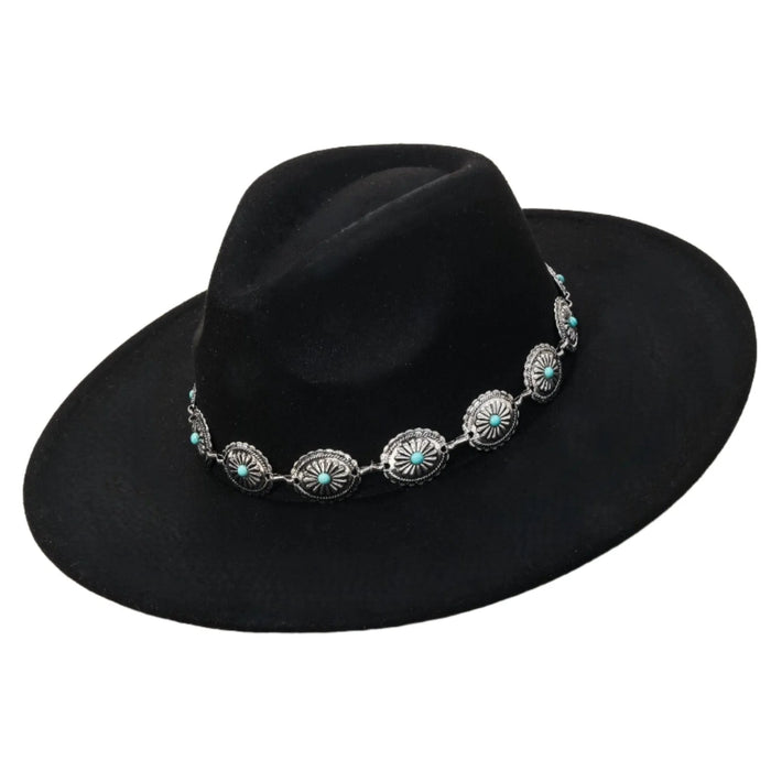 Black wide-brimmed Fedora hat with a western concho chain in turquoise and silver band