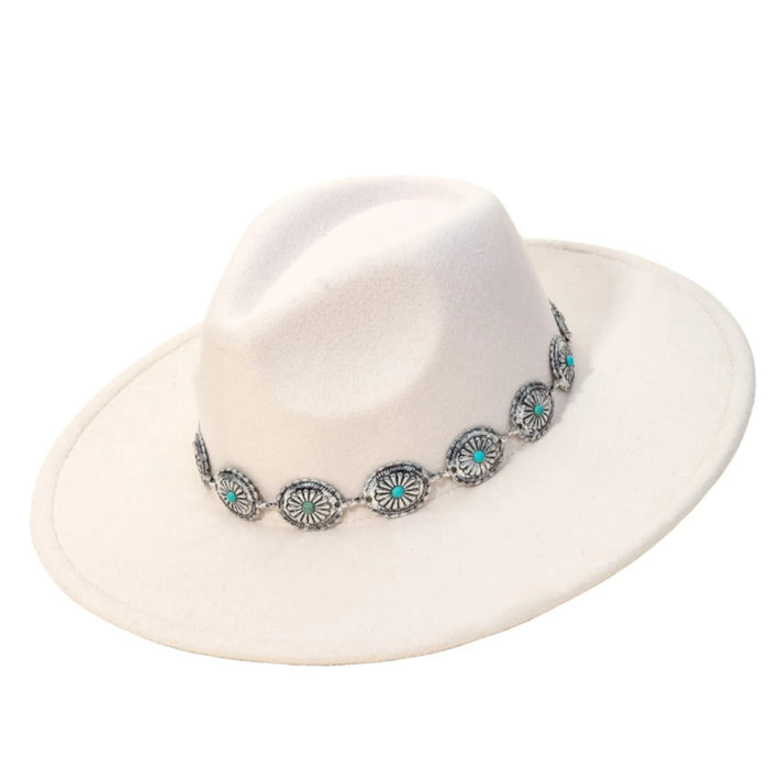 White wide-brimmed fedora hat with turquoise and silver Western Concho chain band