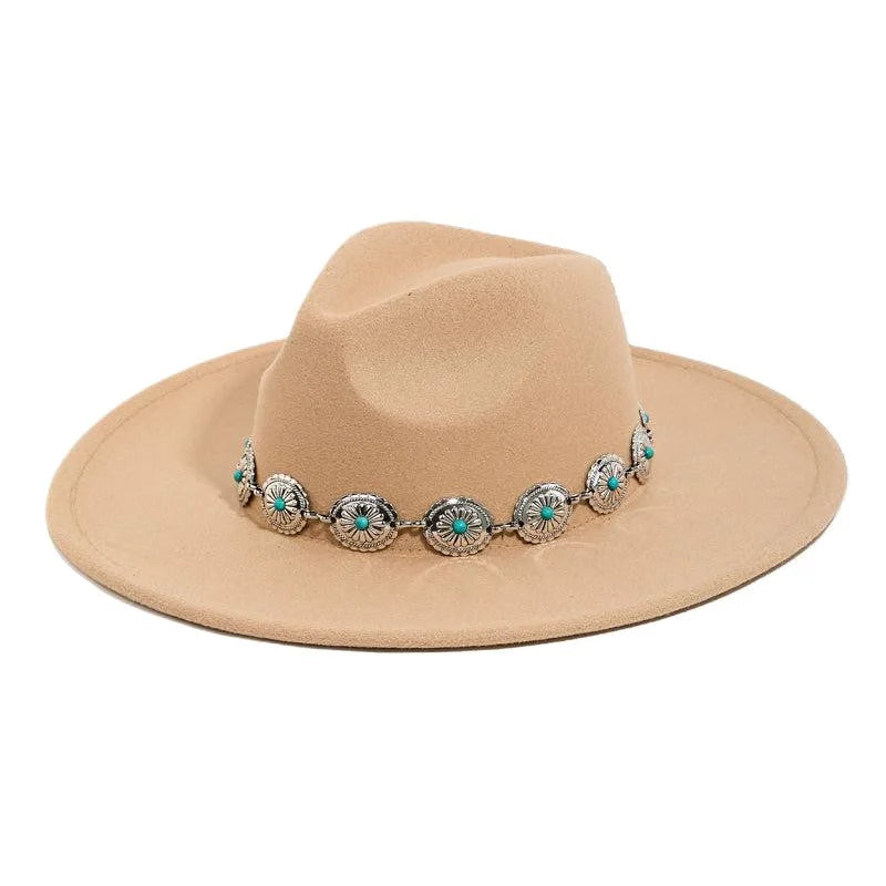 Beige fedora hat with turquoise-studded band and Western Concho chain design