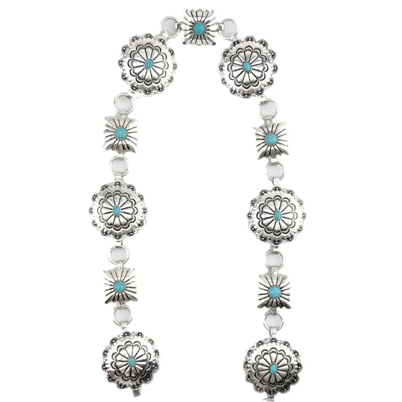 Silver and turquoise Western Concho Stone Belt featuring intricate floral designs