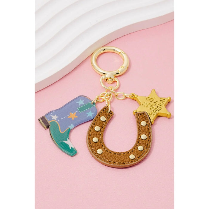 Western Cowboy Boot Horse Shoe And Star Bag Charm - Bag Charms