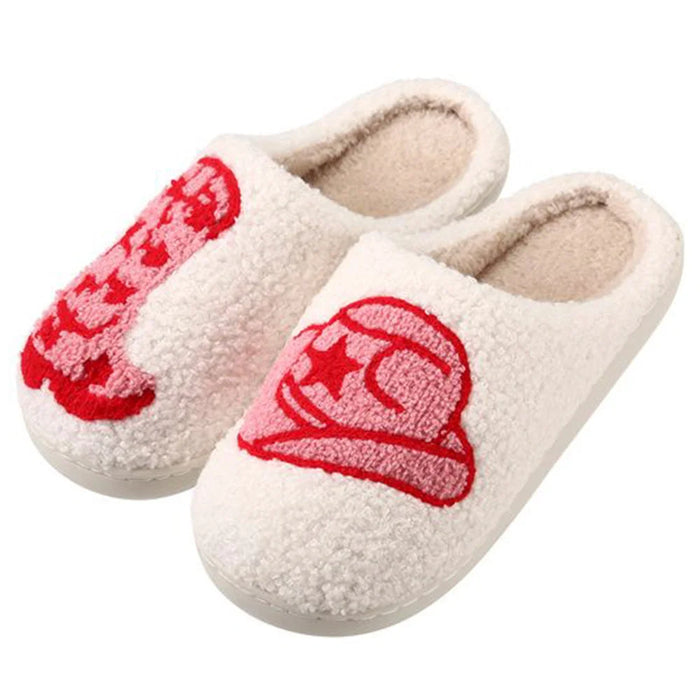 Cozy white slippers with red heart designs from Western Cowboy Boots & Hat Slipper