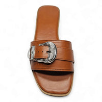 Brown leather Western Buckle Slide sandal with decorative silver buckle detail