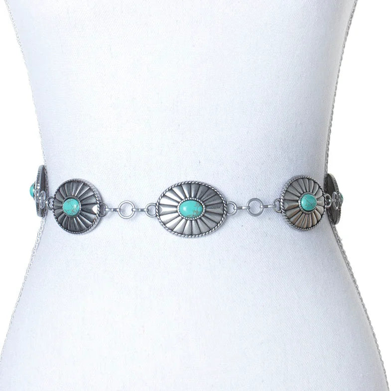 Silver Chain Belt with Turquoise Oval Concho Medallions - Western Oval Concho Style