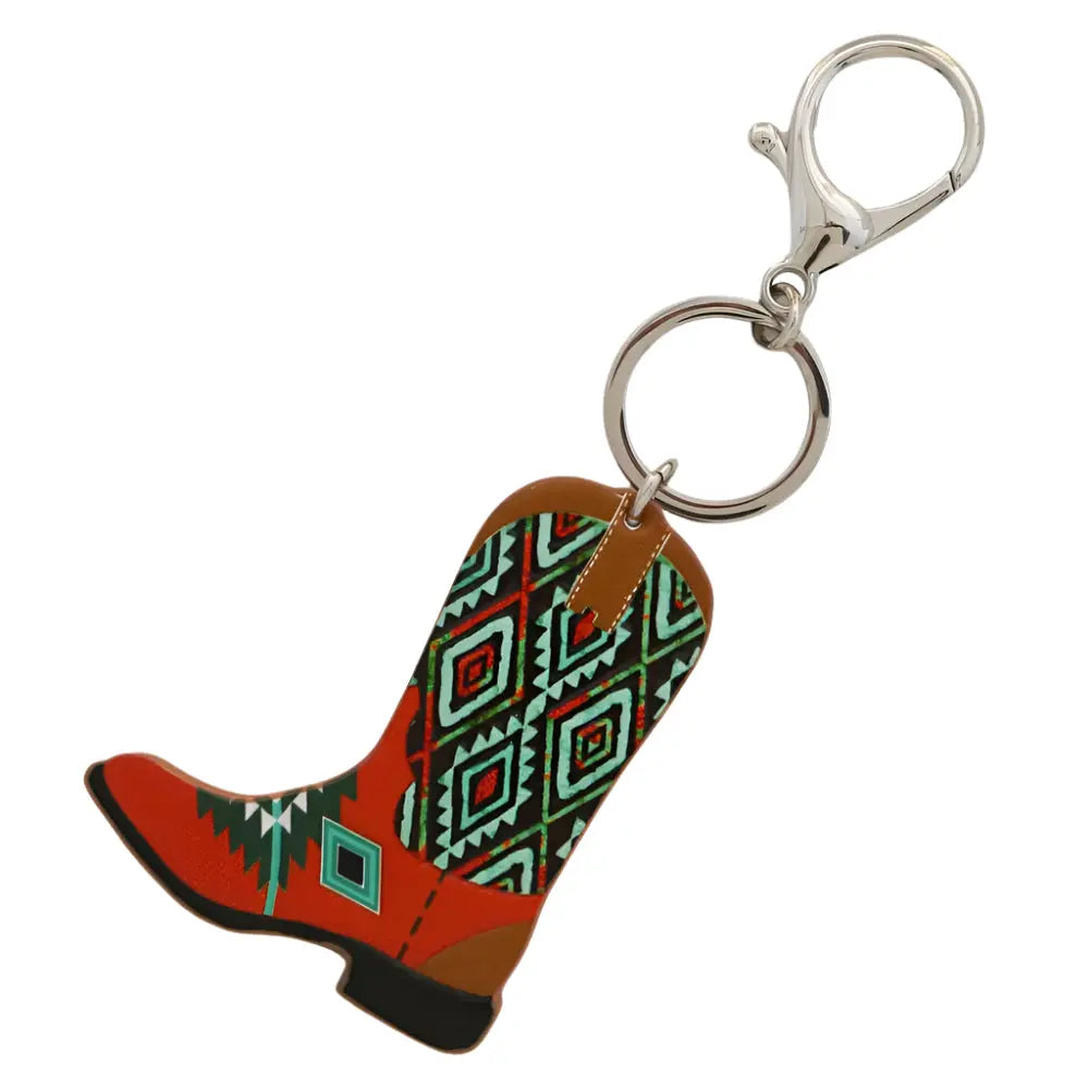 Decorative Western Style Boot Keychain with Turquoise and Orange Geometric Patterns