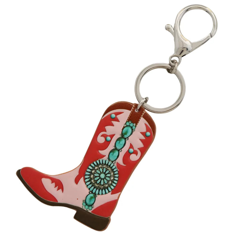 Red and pink western style boot keychain with turquoise decorative accents