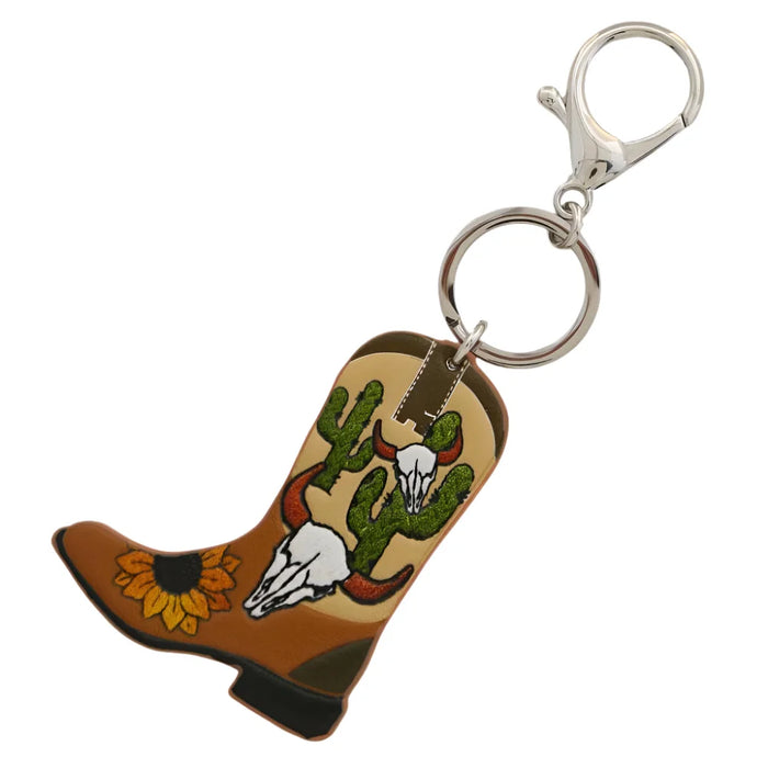 Western Style Cactus Cattle Head Boot Keychain with cowboy boot, cactus, and skull designs