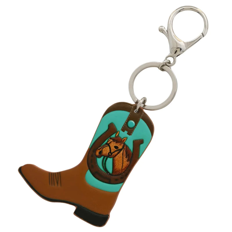 Brown and turquoise cowboy boot keychain featuring a horse design and horse shoe details