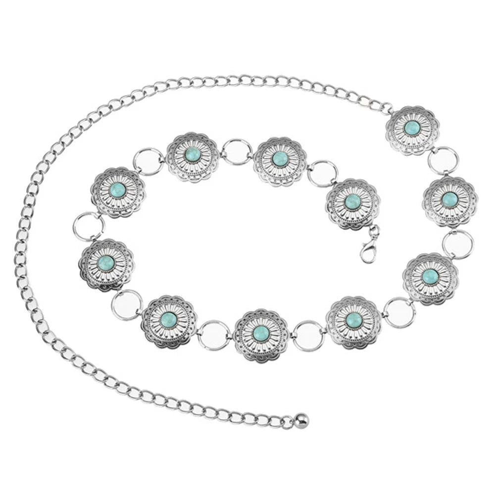 Silver-toned metal chain belt with turquoise-centered medallions for western style metal