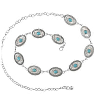 Silver chain belt with oval turquoise stone accents in western style metal design