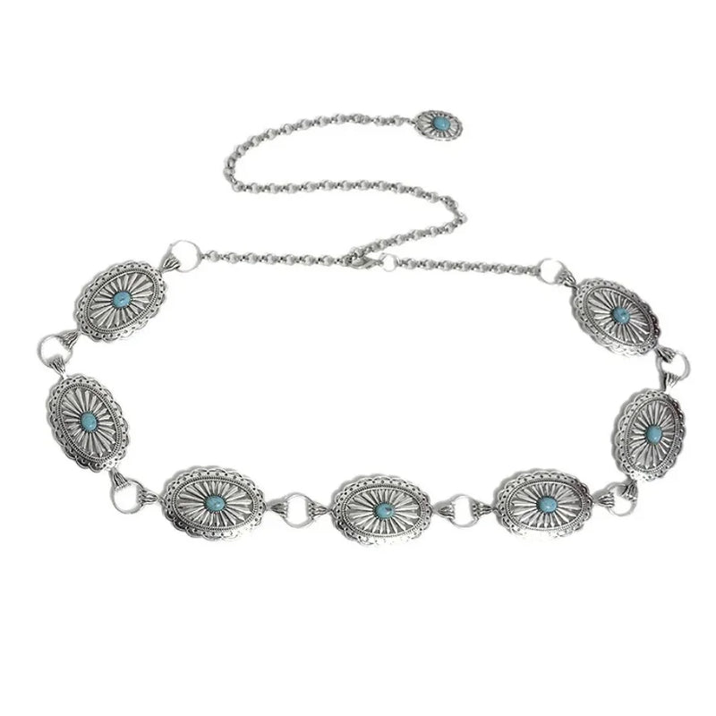 Silver concho belt adorned with turquoise stones and floral designs, Western Style Metal