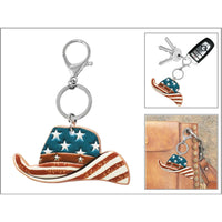 American Flag-themed Western Tooled Leather Cowboy Hat Keychain with stars and stripes