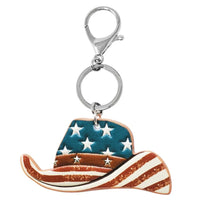 Patriotic Western Tooled Leather American Flag Cowboy Hat Keychain with stars and stripes