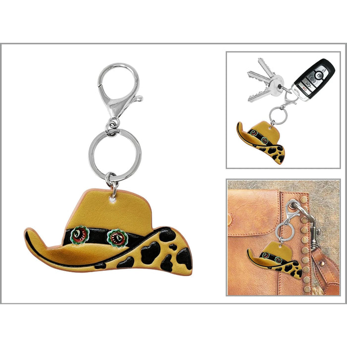 Yellow cowboy hat keychain with leopard print pattern, perfect for Western Tooled Leather lovers