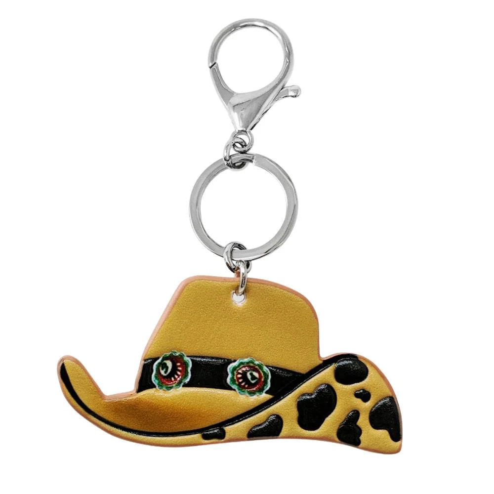 Yellow Western Tooled Leather Cowboy Hat keychain with black spots and studs