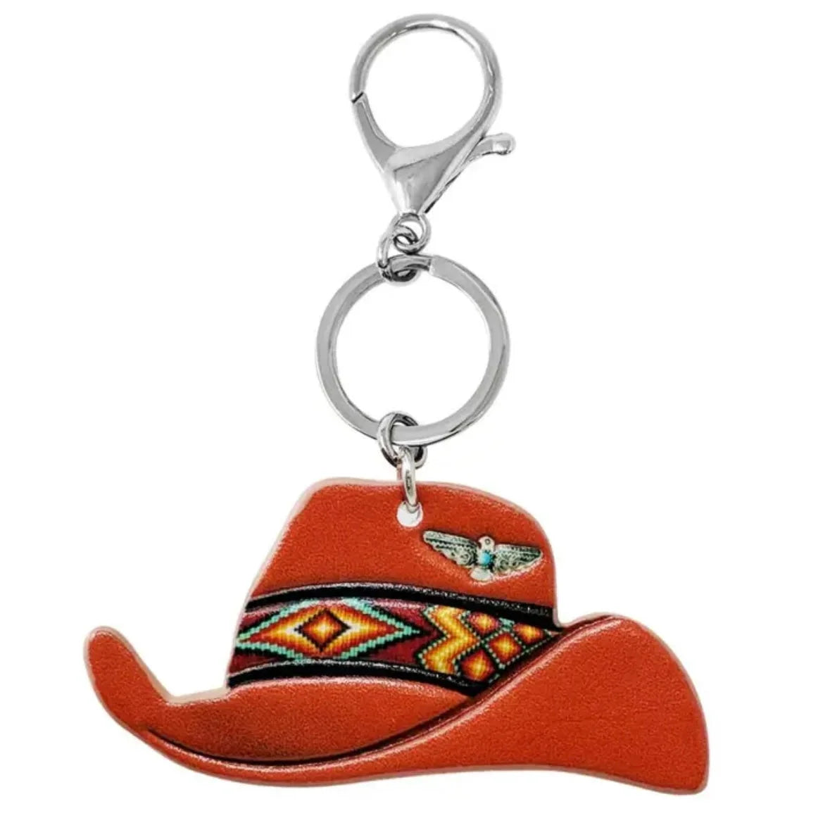 Red cowboy hat keychain with tribal-pattern band for western style accessories