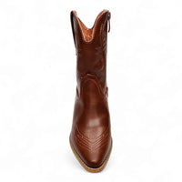 Brown leather cowboy boot with pointed toe and decorative stitching Western Vibez Bootie